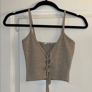 Fashion Nova Beige Ribbed Lace-Up Crop Top